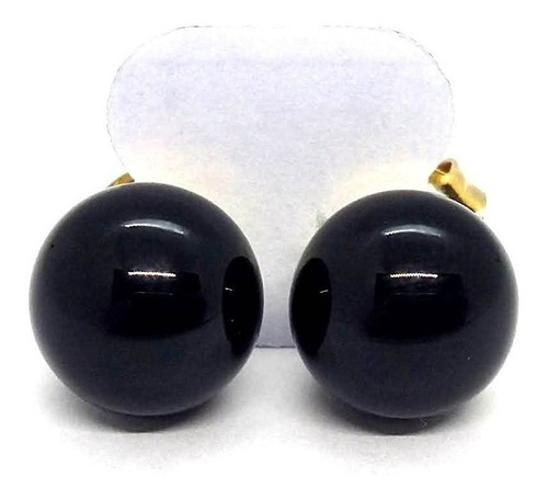 Brinco Bolinhas 10mm Pequeno Pedra Obsidiana Negra Folheados