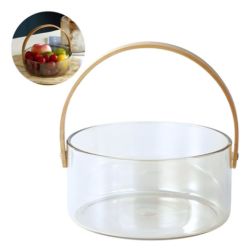 Saladeira Vidro Com Alça Madeira Balde Fruteira Decorativa Cor Transparente