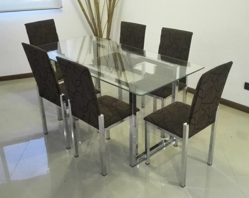 Juego Comedor Cromado 6 Sillas Mesa Vidrio 1,60x0,80 Moderno