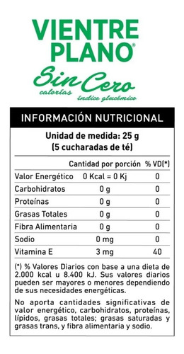 Imagen 2 de 3 de Endulzante Vientre Plano Natural Sin Cero Sin Calorias 250 G