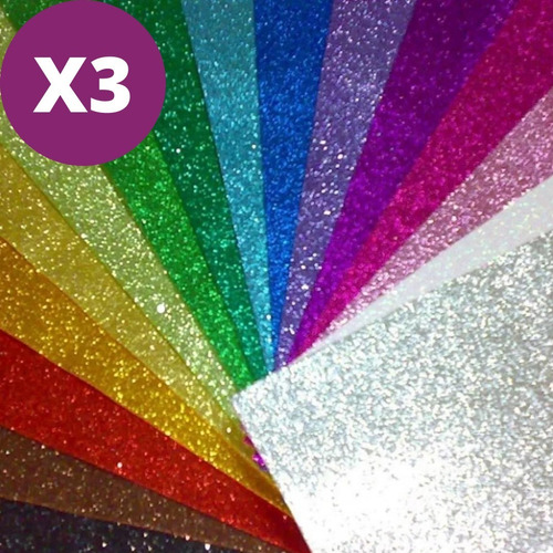 Goma Eva Glitter X3 Unidades 60x40cm 2mm Colores Surtidos