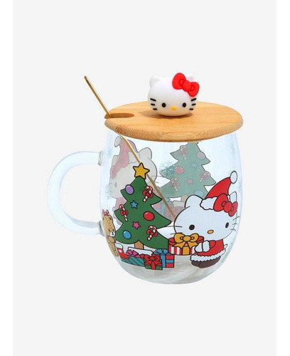 Hello Kitty Set Taza De Cristal Con Tapa Y Cuchara Sanrio
