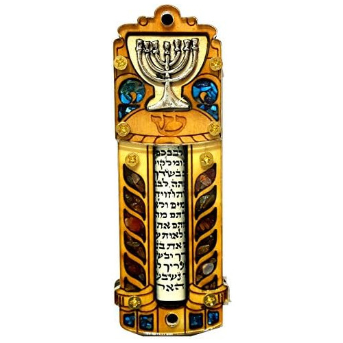 Estuche De Mezuzah Judío Rollo Menorá Madera Y Gemas ...