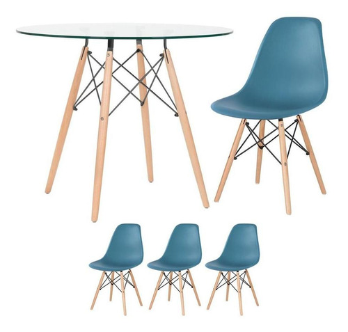 Kit Mesa Eames Wood 90 Cm Tampo Vidro E 3 Cadeiras Dsw Cor Da Tampa Turquesa