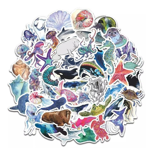 Set 50 Stickers Animles Marinos Océano Decorativo Skateboard