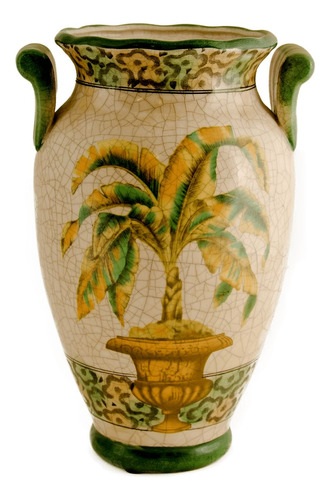 Vaso Em Cerâmica Craquelê, Com Pintura De Palmeira Mista