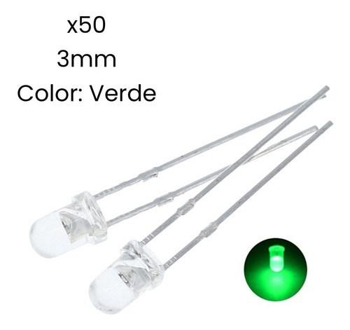 Diodos Led 3mm Transparentes Color Verde Alto Brillo 50pieza