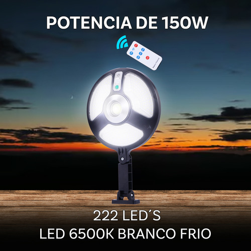Refletor Holofote Luminaria Led Solar Publica Recarregável 150w Proteção IP66 COB e SMD Sensor De Movimento Cobre Área de 100m² Acionamento Automático 3 Níveis De Luminosidade 6500K Autonomia Até 15h