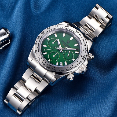 Pagani Design Reloj Hombres Cuarzo Luminoso Impermeable Correa Plateado Bisel Plateado Fondo Verde