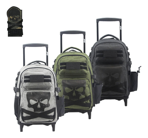 Mochila Con Carro Lsd Tactic Skull 18'' Premium 94.6034 Color Gris Diseño De La Tela Lisa