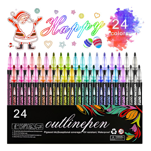24 Colors Plumones Metálicos Marcadores Doble Linea