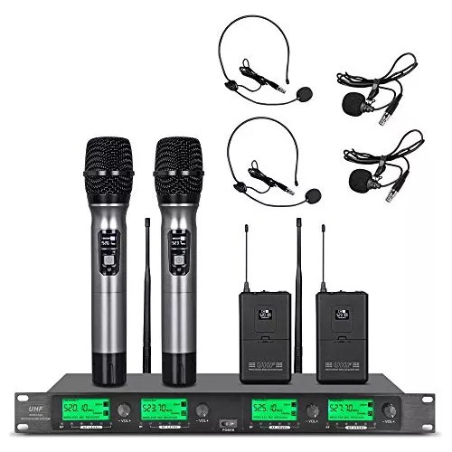 Sistema De Micrófono Inalámbrico Uhf 4 Canales 2 Micr...