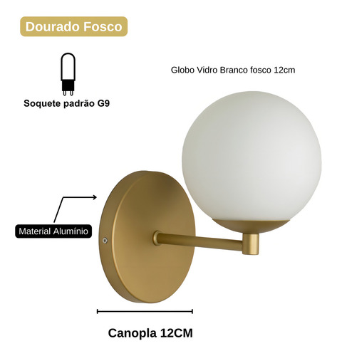 Kit 2 Arandela Parede Reta Globo 12 Jabuticaba Dourado Fosco Dourado