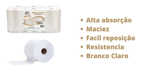 Papel Toalha Bobina 100% Celulose 6 Rolos De 200 Metros