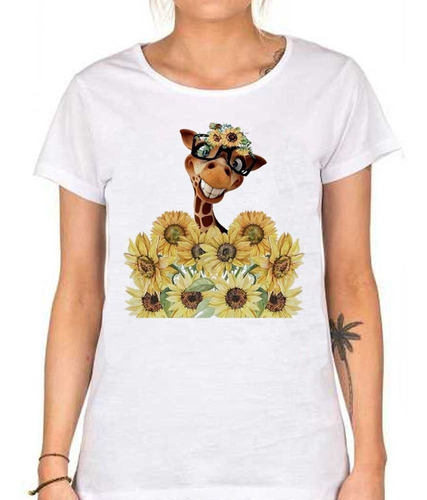 Remera De Mujer Jirafa Girasol Flores Color Amarillo Art