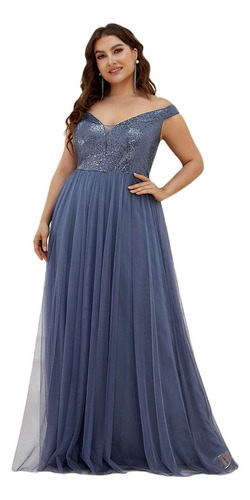 Vestido Elegante Curvy Fiesta Azul Acero Lentejue Talla Extr