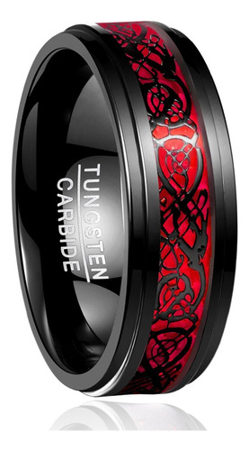 Anillo De Boda Rojo De Tungsteno Con Dragón Celta Negro Para