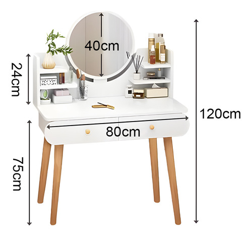 Tocador Maquillador 120*80*75 Cm Con Espejo Y 2 Cajones Elluraro 6JD00758 Color Blanco