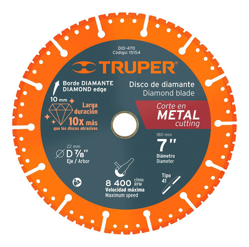 Disco 7'' De Diamante P/ Corte De Metal Tipo 41 Truper 15154