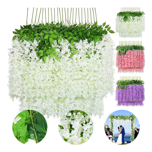 1.1m Flores Artificiales Glicina De 12pk Wisteria Colgantes Blanco