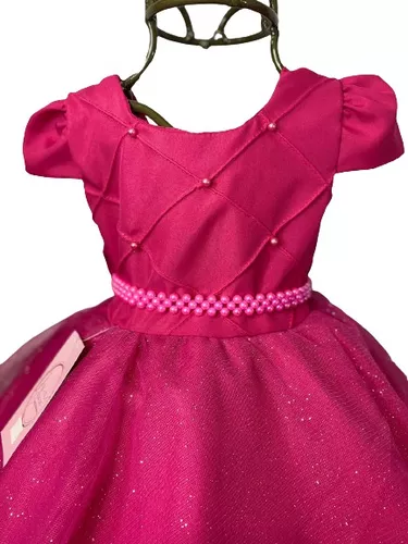 Vestido Infantil Barbie Luxo Rosa Com Cinto de Pérolas - Roupa