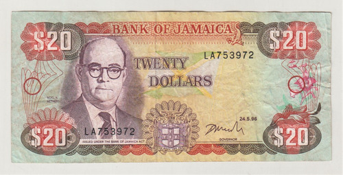 Billete Jamaica 20 Dólares Mayo 1996 (c85)
