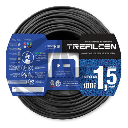 Cable Unipolar Iram Trefilcon 1.5 Mm Rollo X 100 Mts E.a
