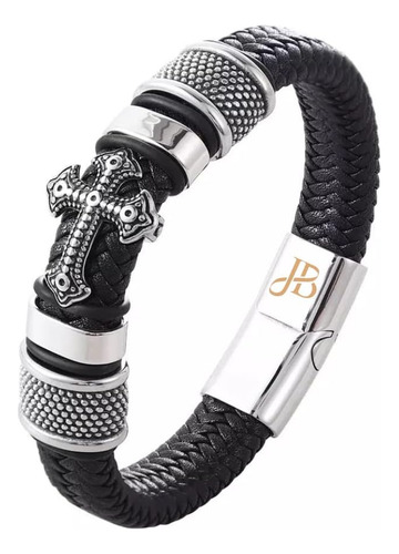 Jewellbox Pulsera De Cuero Negro Para Hombre Con Cruz Latina