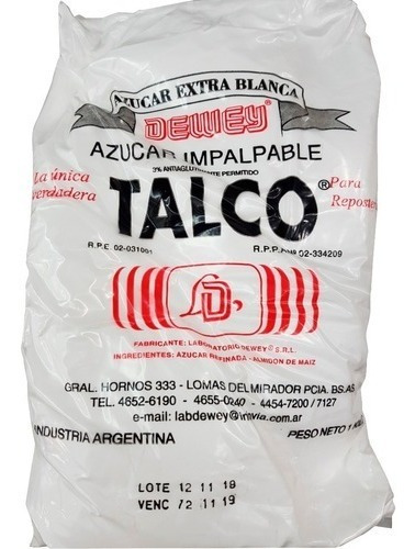 Azucar Impalpable Talco Dewey X 10 Kg