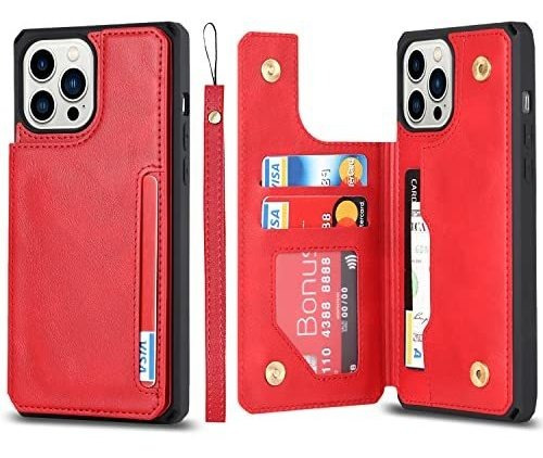 Funda Para iPhone 13 Pro Billetera Con Correa Cuero Rojo