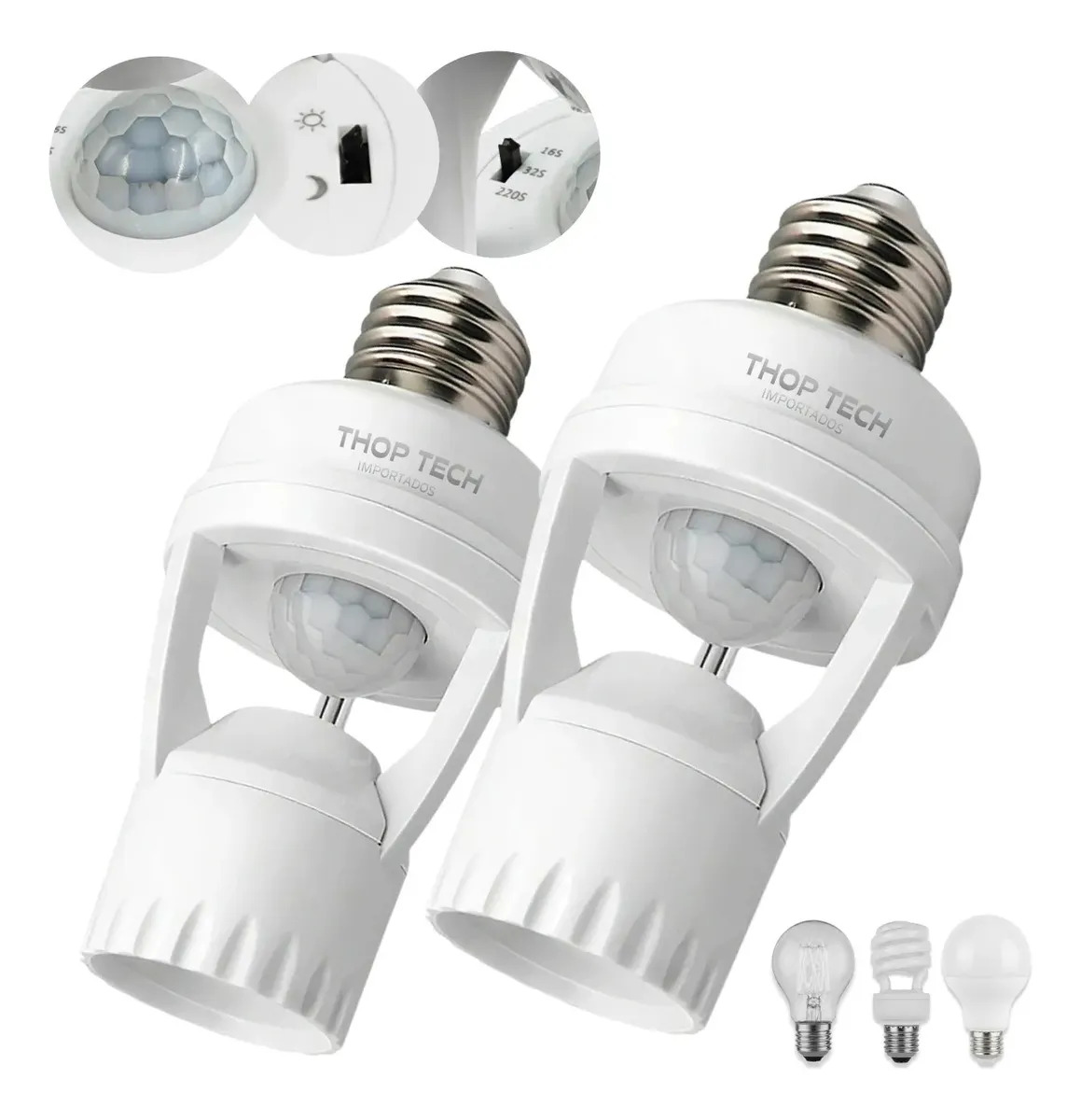 Kit 2 Sensor De Presença E Movimento Iluminação Lâmpada Soquete E27 Fotocélula Infravermelho Bivolt Acende E Desliga Automático Thop Tech Importados