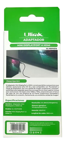 Adaptador Mini Displayport A Hdmi 4k Hd 1.8m Caja Dañada