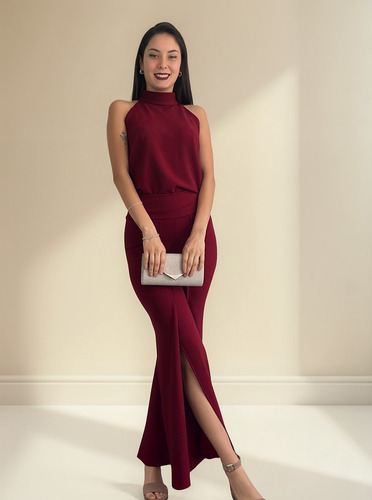 Conjunto Olivia Con Abertura ,cómodo,elegante,fiestas,mujer Bordó Xl