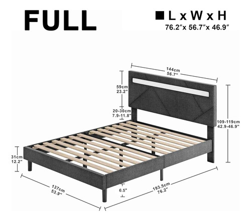 Base De Cama Matrimonial Likimio Con Luces Led Gris