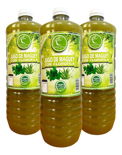 3 Botellas Jugo De Maguey Asado Con Clorofila Verde Santo 1l