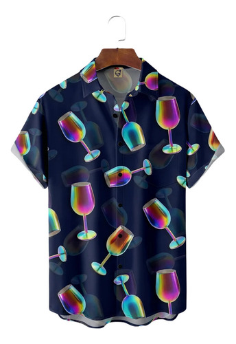 Camisa Hawaiana Unisex Azul Con Copa De Vino Tinto, Camisa D