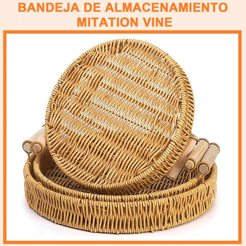 Ml 3pcs Canasta Ratán Mimbre Redonda Cestas Pan Bandeja Con