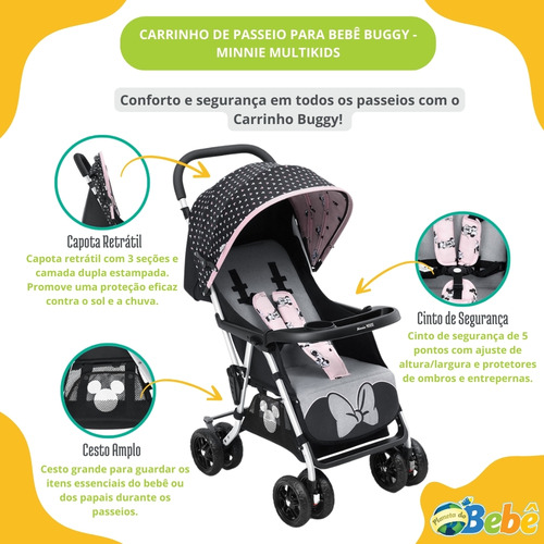 Carrinho de Passeio P/Bebê Tipo Berço Buggy Minnie Multikids