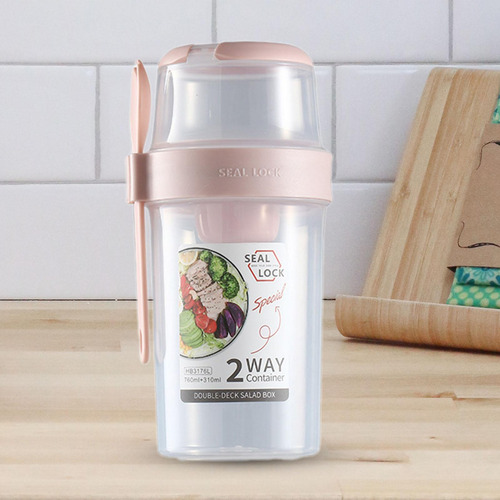 Taza De Ensalada De Almuerzo Con Tapa Y Tenedor, Taza Rosa