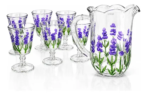 Jogo De Jarra Com 6 Taças Lavanda Cristal 1,3l 240ml Lyor Transparente Com Desenho De Lavanda