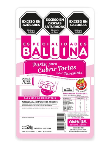 Pasta Ballina Chocolate Reposteria 500gr Blanca Cubre Torta 