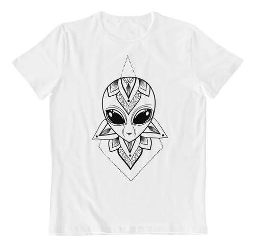 Dtf - Polera Blanca Algodon - Alien En Mandala Art En B/n