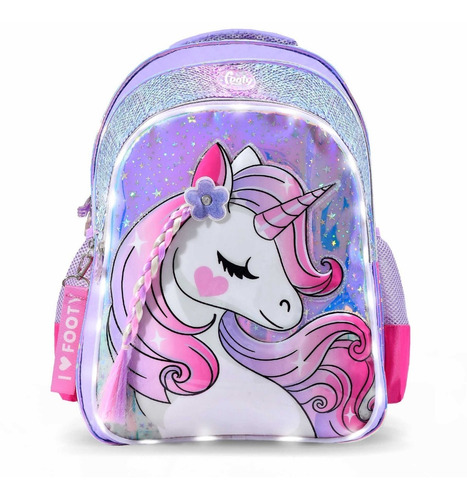 Mochila Unicornio C/trenza, 18 PuLG, Luz Led, Footy - 12229