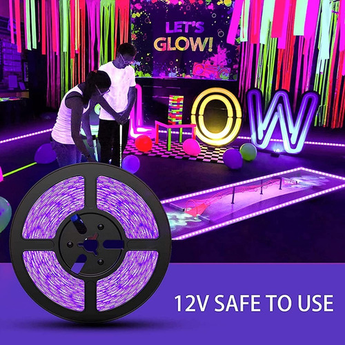 Imagen 5 de 5 de Cinta Led 12v Uv Negra Fluor Adhesiva 5mts + Adactador 220v