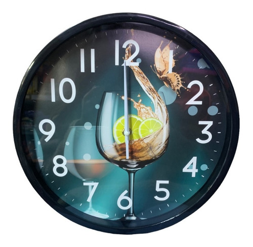 Reloj Analogico Redondo Plastico De Pared Diseño Copa Trago