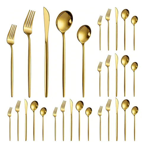 Kit Talheres 30 Peças Jogo Talheres Inox Faqueiro Dourado