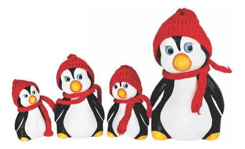 Estatueta Kit Com 4 Pinguim Cerâmica Com Touca Decoração