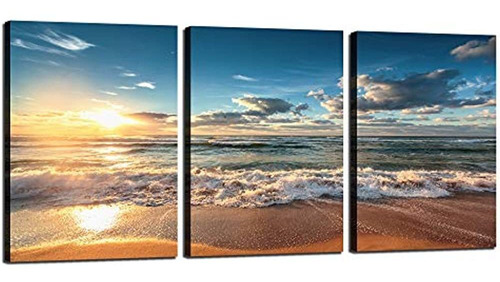 Kawahone Beach Canvas Wall Art, Sunset Ocean Waves Modern Ar