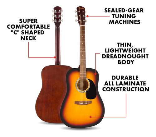 Guitarra Acústica Fender Fa-25 Dreadnought Sunburst Rayos De Sol Ambidiestro Material Del Diapasón