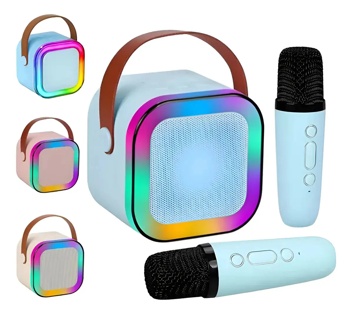 Caixinha De Som Karaokê Bluetooth Infantil Com 2 Microfones Azul-claro